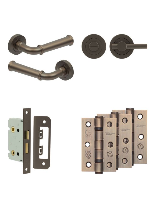 Complete Classic Door Handle Pack - Bathroom Lock (Plain Thumb Turn) - Dark Bronze - 65mm / 3-inch Hinges - JE-A5B2-DB