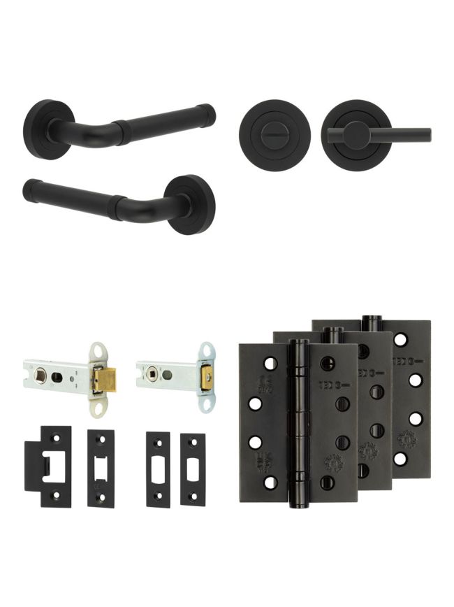 Complete Midtown Door Handle Pack - Heavy Duty Tubular Bathroom (Plain Thumb Turn) - Matt Black - 76mm / 4-inch Hinges - JE-G31A2-MB