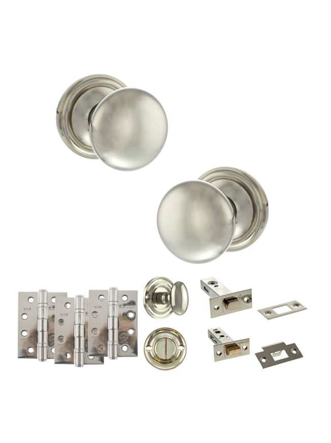 Old English Harrogate Door Knob Pack (Bathroom Set - 3" Deadbolt, 4" Fire Rated Hinges x3) - Polished Nickel
