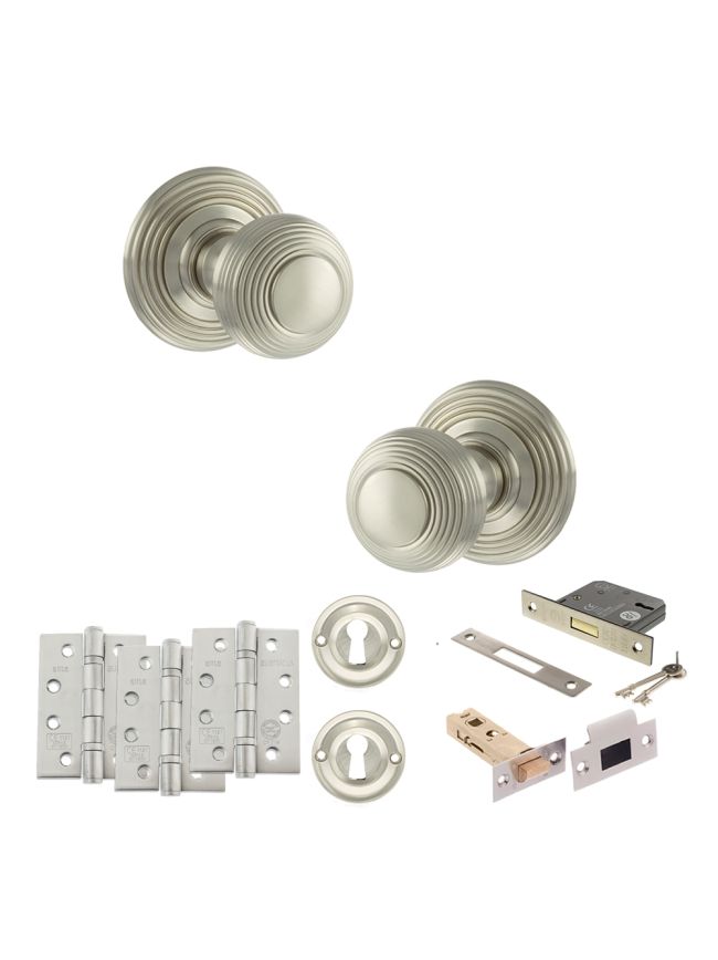 Old English Ripon Door Knob Pack (Lock Set - 3" Latch & Deadlock, 4" Fire Rated Hinges x3) - Satin Nickel