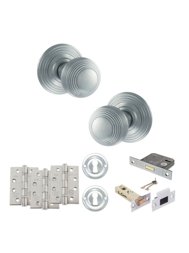 Old English Ripon Door Knob Pack (Lock Set - 3" Latch & Deadlock, 4" Fire Rated Hinges x3) - Satin Chrome