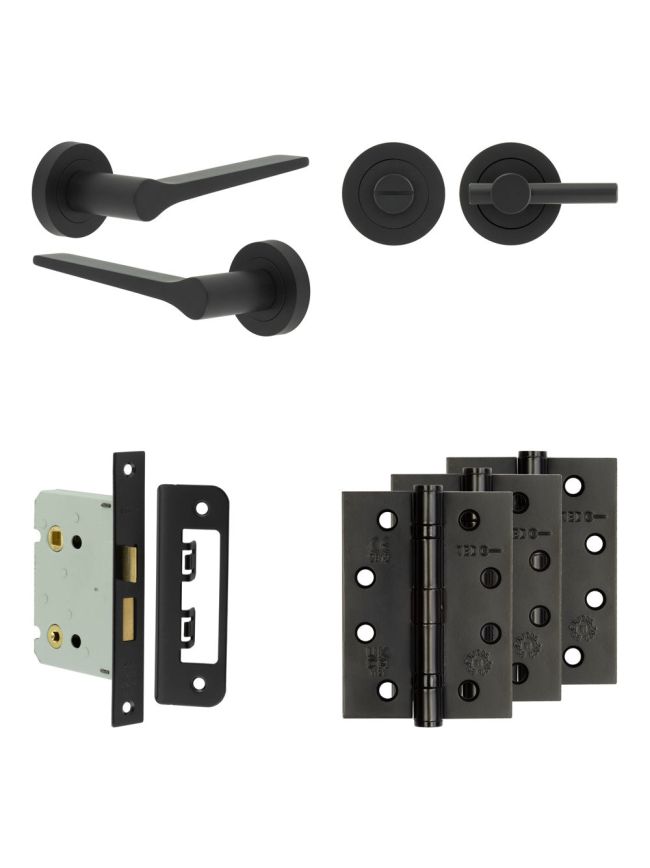 Complete Gio Door Handle Pack - Bathroom Lock (Plain Thumb Turn) - Matt Black - 76mm / 4-inch Hinges - JE-E6A2-MB