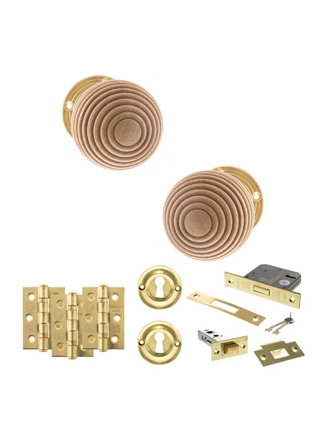 Old English Bridlington Door Knob Pack (Lock Set - 3" Latch & Deadlock, 3" Fire Rated Hinges x3) - Polished Brass