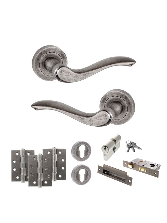 Old English Warwick Door Handle Pack (Euro Lock Set - 3" CE Sashlock, 4" Fire Rated Hinges x3) - Distressed Silver