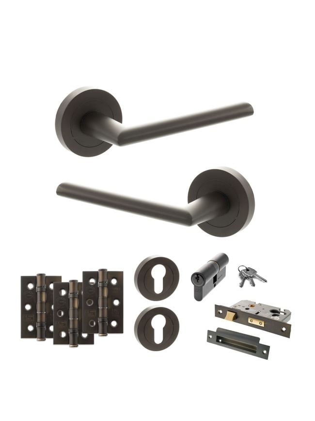 STATUS Alabama Door Handle Pack (Euro Lock Set - 3" CE Sashlock, 3" Fire Rated Hinges x3) - Urban Dark Bronze