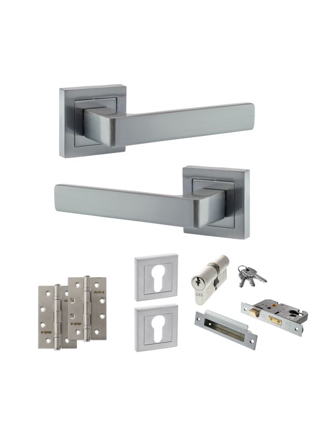 STATUS Montana Door Handle Pack (Euro Lock Set - 3" CE Sashlock, 4" Slim Knuckle Hinges x2) - Satin Chrome