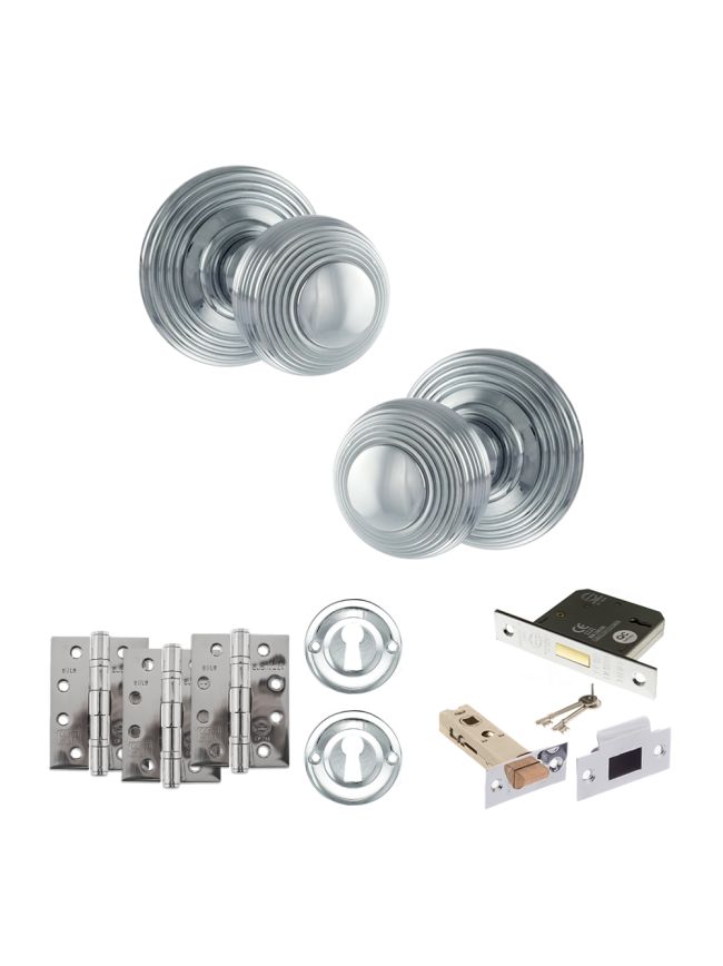 Old English Ripon Door Knob Pack (Lock Set - 3" Latch & Deadlock, 4" Fire Rated Hinges x3) - Polished Chrome