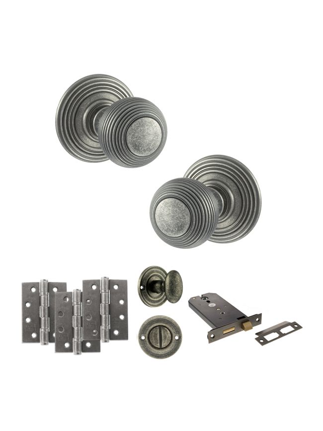 Old English Ripon Door Knob Pack (Lock Set - Horizontal Bathlock, 3" Fire Rated Hinges x3) - Distressed Silver
