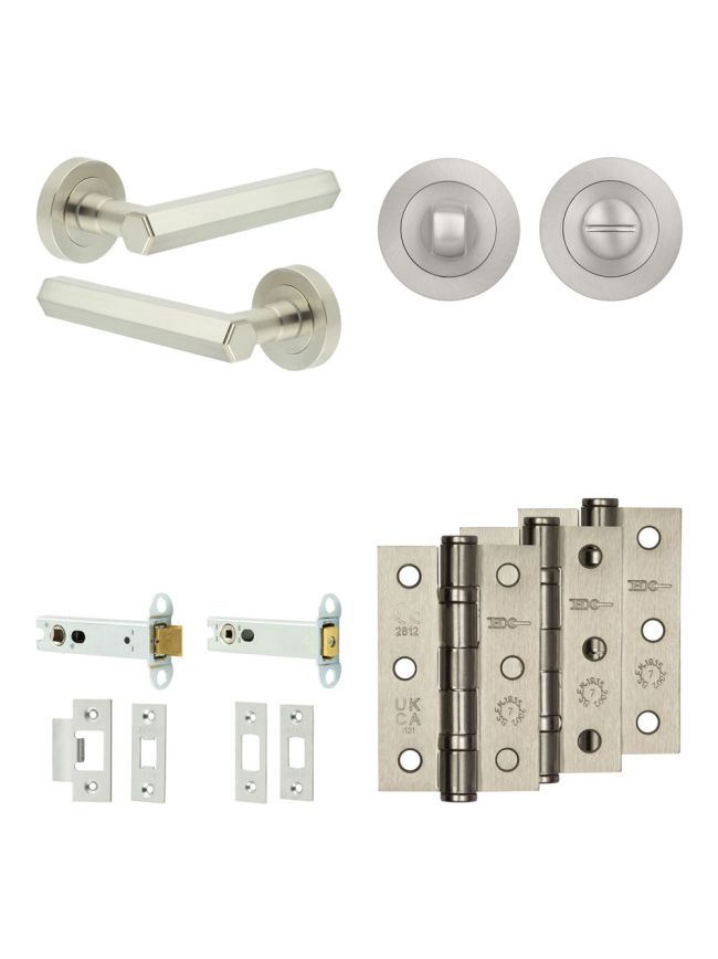Complete Hex Door Handle Pack - Heavy Duty Tubular Bathroom (Standard Thumb Turn) - Satin Nickel - 102mm / 3-inch Hinges - JE-C32B3-SN