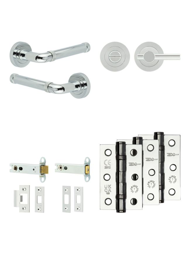 Complete Midtown Door Handle Pack - Heavy Duty Tubular Bathroom (Plain Thumb Turn) - Polished Chrome - 102mm / 3-inch Hinges - JE-G32B2-PC
