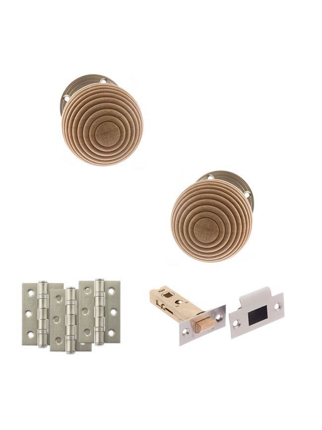 Old English Bridlington Door Knob Pack (Latch Set - 3" HD Latch, 3" Fire Rated Hinges x3) - Satin Nickel