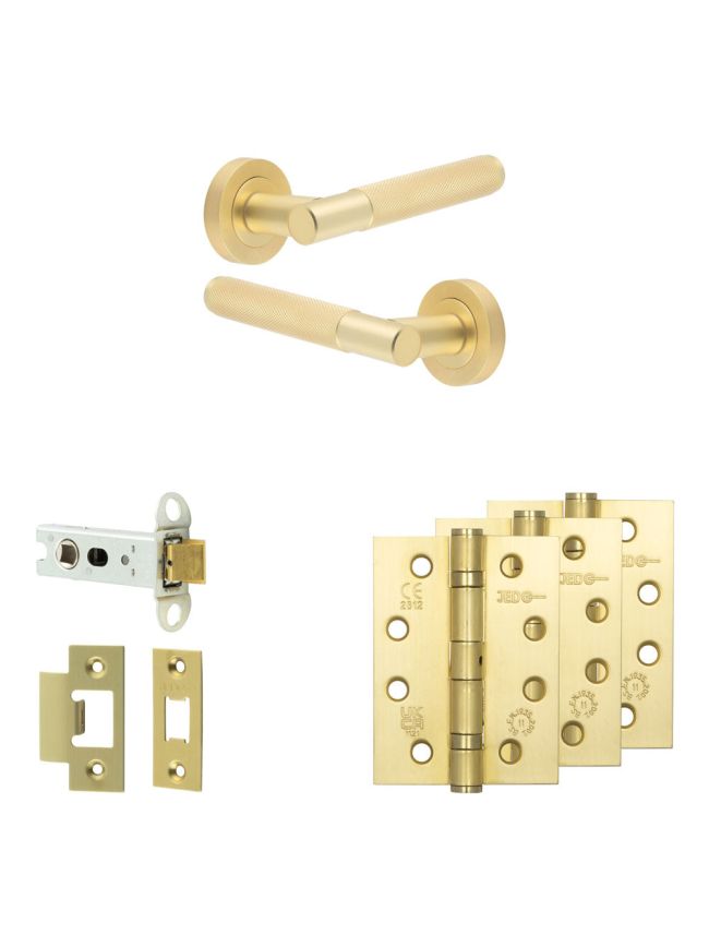 Complete Bari Door Handle Pack - Heavy Duty Latch - Satin Brass - 76mm / 4-inch Hinges - JE-D21A-SB