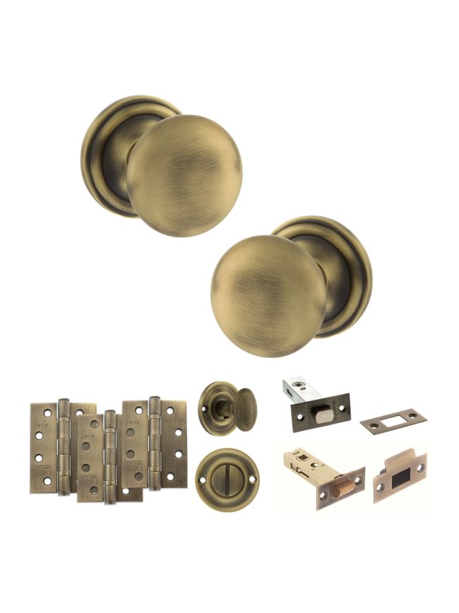 Old English Harrogate Door Knob Pack (Bathroom Set - 3" Deadbolt, 4" Fire Rated Hinges x3) - Matt Antique Brass