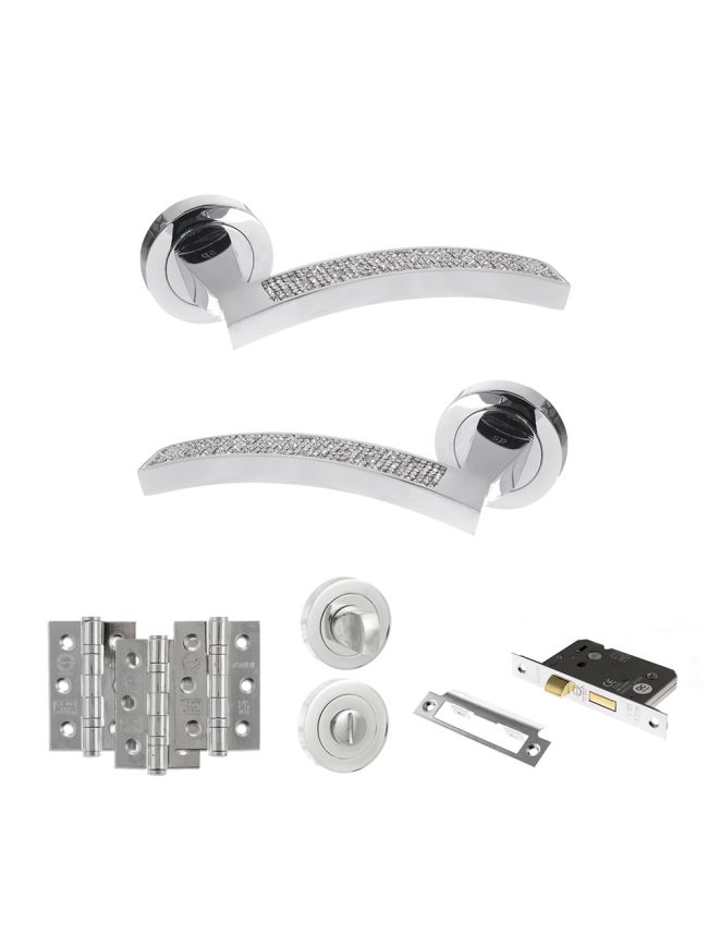 Senza Pari Crystal Door Handle Pack (Bathroom Set - 2.5" CE Bathroom Lock, 3" Fire Rated Hinges x3) - Polished Chrome