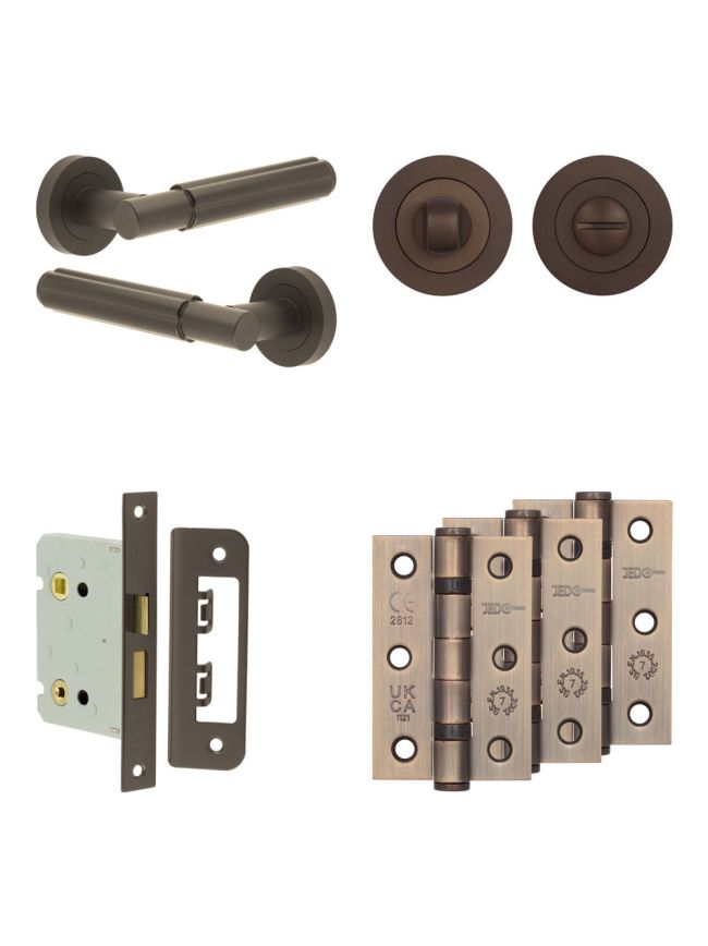 Complete Bloom Door Handle Pack - Bathroom Lock (Standard Thumb Turn) - Dark Bronze - 76mm / 3-inch Hinges - JE-B6B3-DB