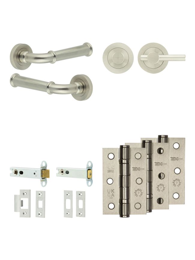 Complete Classic Door Handle Pack - Heavy Duty Tubular Bathroom (Plain Thumb Turn) - Satin Nickel - 102mm / 3-inch Hinges - JE-A32B2-SN