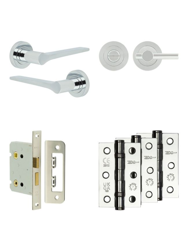 Complete Gio Door Handle Pack - Bathroom Lock (Plain Thumb Turn) - Polished Chrome - 76mm / 3-inch Hinges - JE-E6B2-PC