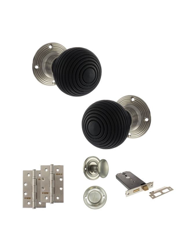 Old English Whitby Door Knob Pack (Lock Set - Horizontal Bathlock, 4" Slim Knuckle Hinges x2) - Satin Nickel