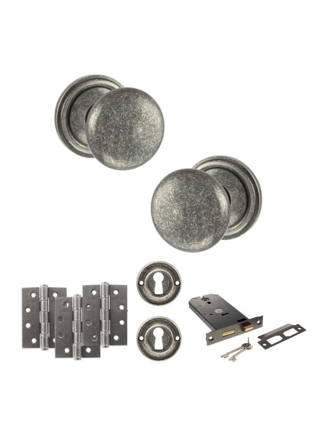 Old English Harrogate Door Knob Pack (Lock Set - Horizontal Sashlock, 4" Fire Rated Hinges x3) - Distressed Silver