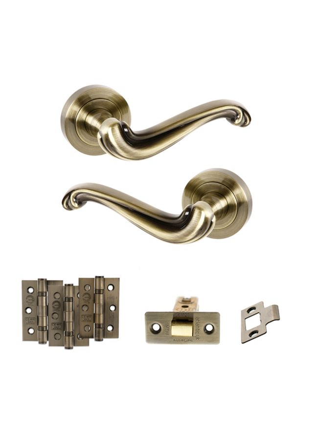Old English Colchester Door Handle Pack (Latch Set - 3" CE Latch, 3" Fire Rated Hinges x3) - Antique Brass