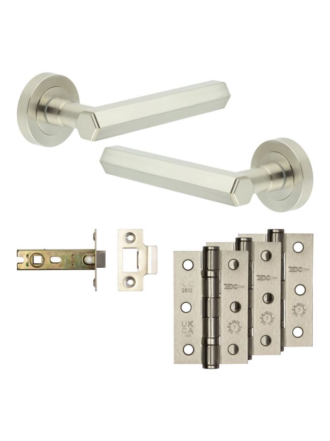 Complete Hex Door Handle Pack - Internal Doors - Satin Nickel - 76mm / 3-inch Hinges - JE-C3B-SN