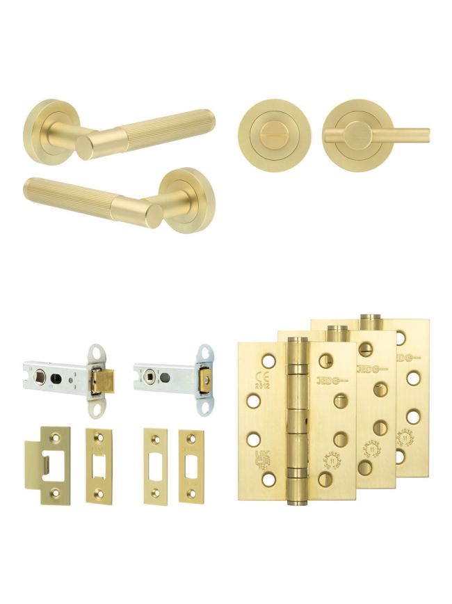 Complete Venice Door Handle Pack - Heavy Duty Tubular Bathroom (Plain Thumb Turn) - Satin Brass - 76mm / 4-inch Hinges - JE-F31A2-SB