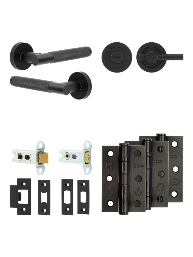 Complete Bari Door Handle Pack - Heavy Duty Tubular Bathroom (Knurled Thumb Turn) - Matt Black - 64mm / 3-inch Hinges - JE-D30B1-MB
