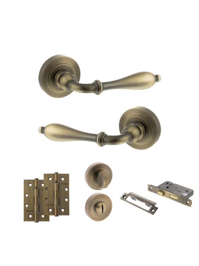 Old English Wrexham Door Handle Pack (Bathroom Set - 2.5" CE Bathroom Lock, 4" Slim Knuckle Hinges x2) - Matt Antique Brass