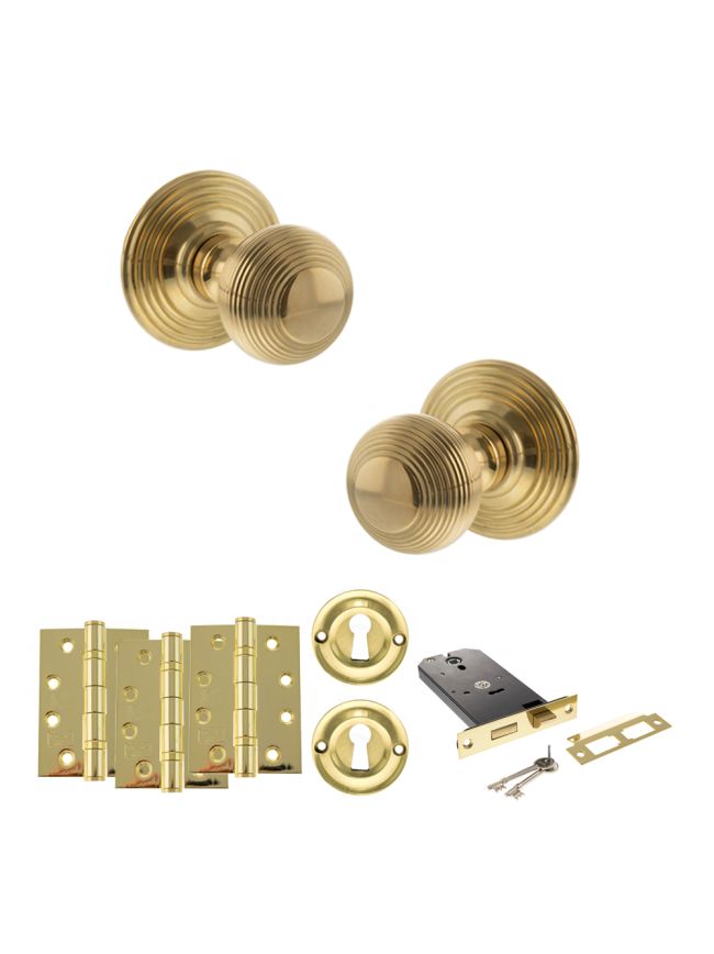 Old English Ripon Door Knob Pack (Lock Set - Horizontal Sashlock, 4" Fire Rated Hinges x3) - Raw Brass
