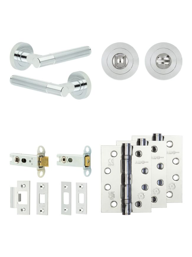 Complete Venice Door Handle Pack - Heavy Duty Tubular Bathroom (Standard Thumb Turn) - Polished Chrome - 76mm / 4-inch Hinges - JE-F31A3-PC