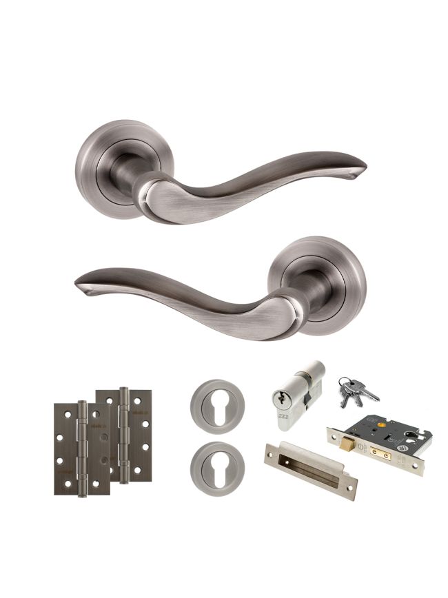 Old English Warwick Door Handle Pack (Euro Lock Set - 2.5" CE Sashlock, 4" Slim Knuckle Hinges x2) - Matt Gun Metal