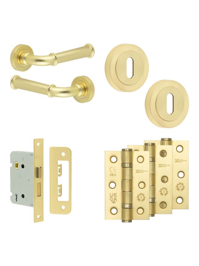 Complete Classic Door Handle Pack - Sashlock - Satin Brass - 76mm / 3-inch Hinges - JE-A8B8-SB