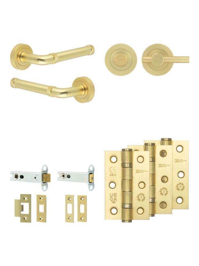 Complete Midtown Door Handle Pack - Heavy Duty Tubular Bathroom (Plain Thumb Turn) - Satin Brass - 102mm / 3-inch Hinges - JE-G32B2-SB