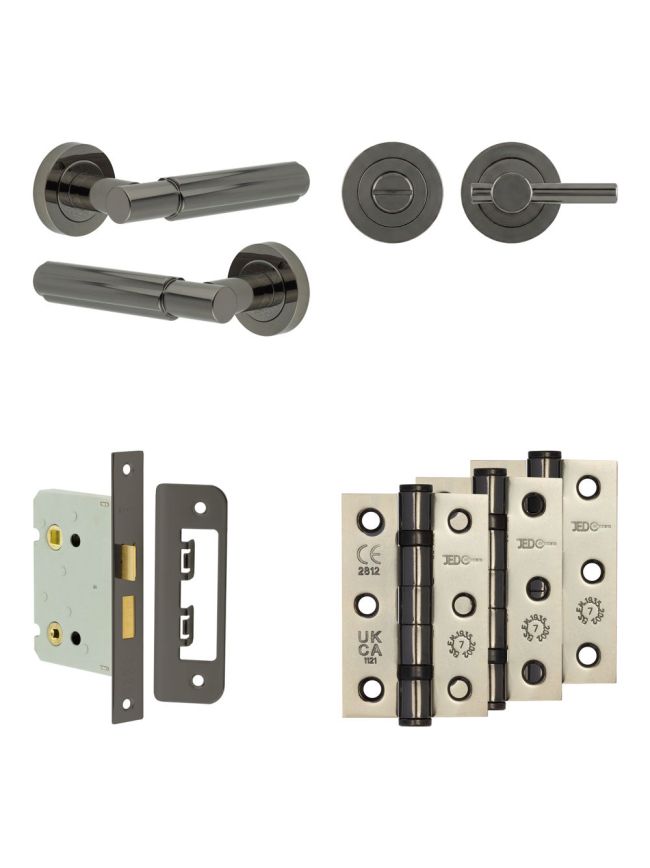 Complete Bloom Door Handle Pack - Bathroom Lock (Plain Thumb Turn) - Black Nickel - 76mm / 3-inch Hinges - JE-B6B2-BN