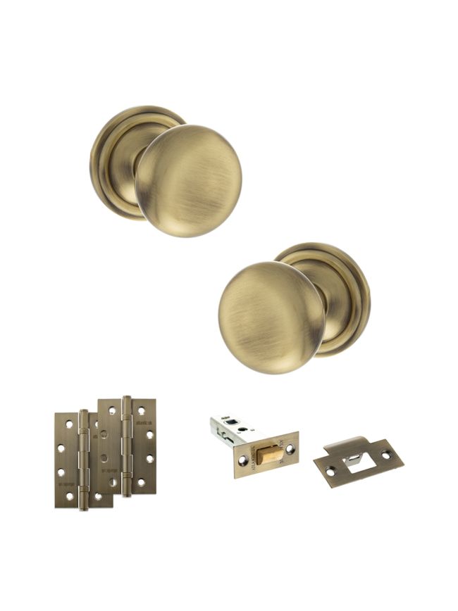 Old English Harrogate Door Knob Pack (Latch Set - 3" HD Latch, 4" Slim Knuckle Hinges x2) - Antique Brass