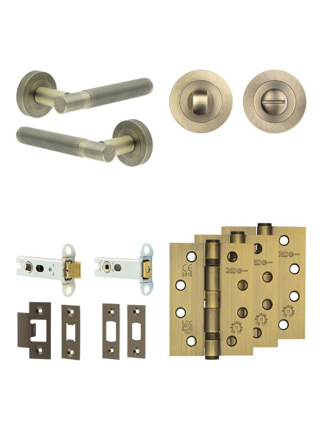 Complete Venice Door Handle Pack - Heavy Duty Tubular Bathroom (Standard Thumb Turn) - Antique Brass - 76mm / 4-inch Hinges - JE-F31A3-AB