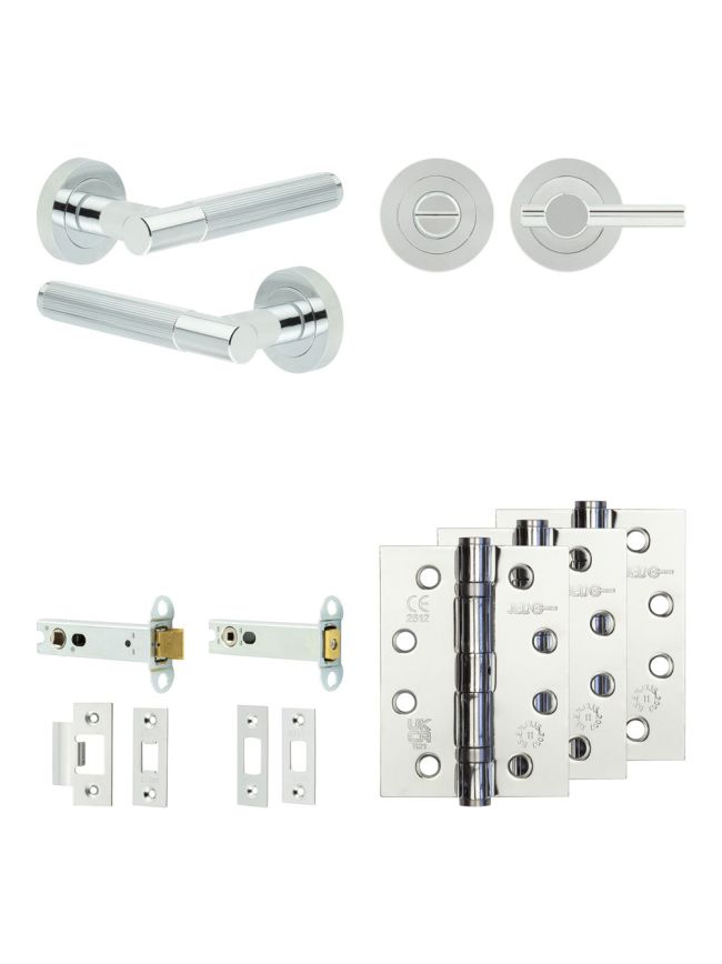 Complete Venice Door Handle Pack - Heavy Duty Tubular Bathroom (Plain Thumb Turn) - Polished Chrome - 102mm / 4-inch Hinges - JE-F32A2-PC