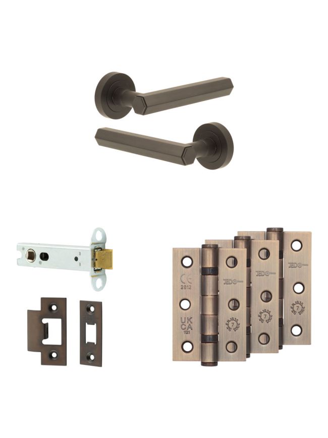 Complete Hex Door Handle Pack - Heavy Duty Latch - Dark Bronze - 102mm / 3-inch Hinges - JE-C22B-DB