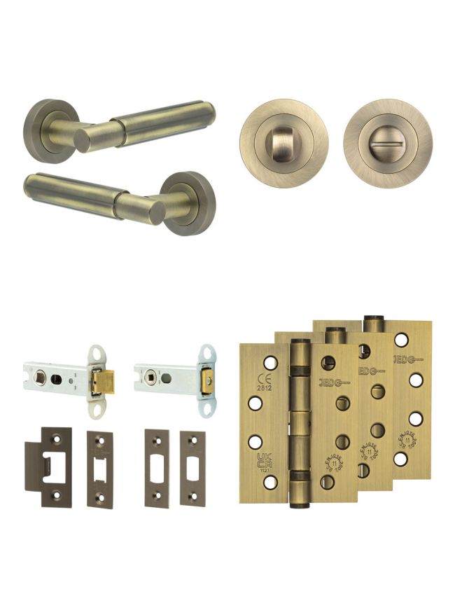 Complete Bloom Door Handle Pack - Heavy Duty Tubular Bathroom (Standard Thumb Turn) - Antique Brass - 76mm / 4-inch Hinges - JE-B31A3-AB