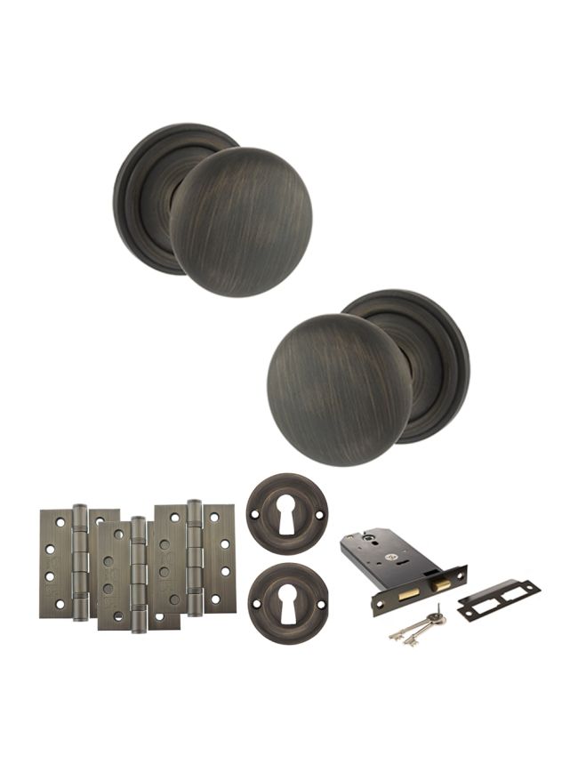 Old English Harrogate Door Knob Pack (Lock Set - Horizontal Sashlock, 4" Fire Rated Hinges x3) - Urban Bronze