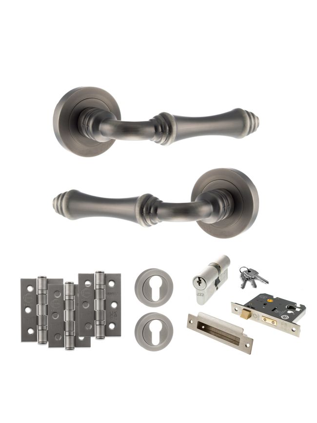 Old English Durham Door Handle Pack (Euro Lock Set - 2.5" CE Sashlock, 3" Fire Rated Hinges x3) - Matt Gun Metal