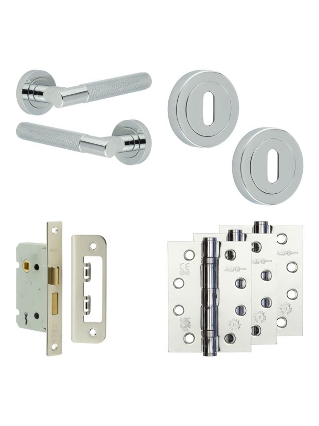 Complete Bari Door Handle Pack - Sashlock - Polished Chrome - 65mm / 4-inch Hinges - JE-D7A8-PC