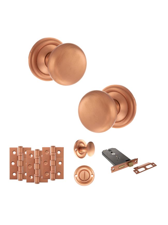Old English Harrogate Door Knob Pack (Lock Set - Horizontal Bathlock, 3" Fire Rated Hinges x3) - Urban Satin Copper
