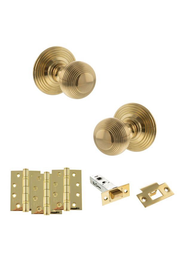 Old English Ripon Door Knob Pack (Latch Set - 4" HD Latch, 4" Fire Rated Hinges x3) - Raw Brass
