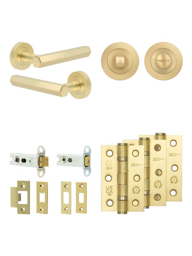 Complete Hex Door Handle Pack - Heavy Duty Tubular Bathroom (Standard Thumb Turn) - Satin Brass - 76mm / 3-inch Hinges - JE-C31B3-SB