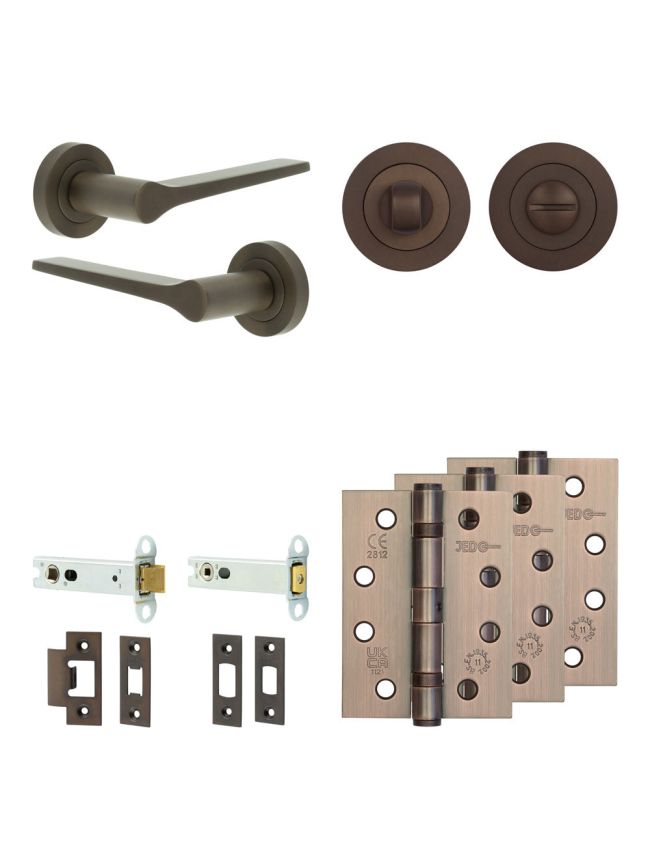 Complete Gio Door Handle Pack - Heavy Duty Tubular Bathroom (Standard Thumb Turn) - Dark Bronze - 102mm / 4-inch Hinges - JE-E32A3-DB