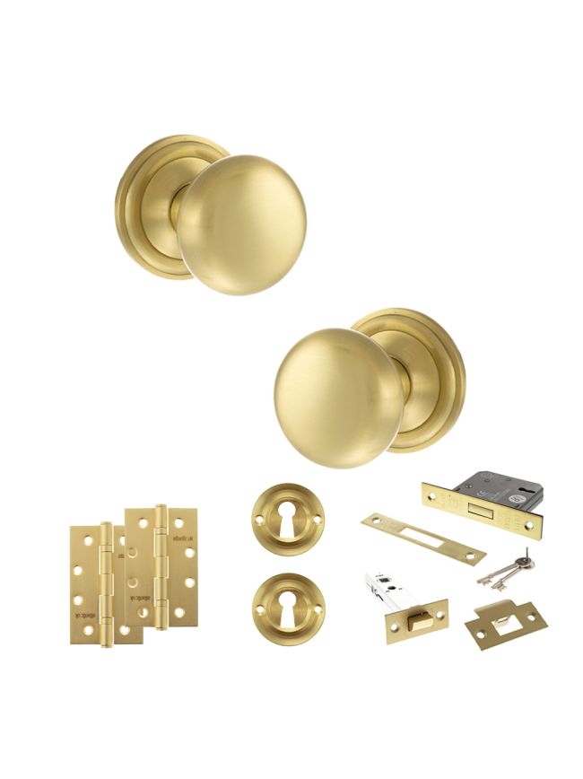 Old English Harrogate Door Knob Pack (Lock Set - 3" Latch & Deadlock, 4" Slim Knuckle Hinges x2) - Satin Brass