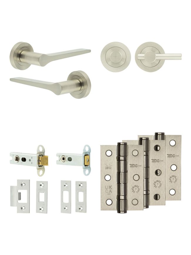 Complete Gio Door Handle Pack - Heavy Duty Tubular Bathroom (Plain Thumb Turn) - Satin Nickel - 76mm / 3-inch Hinges - JE-E31B2-SN