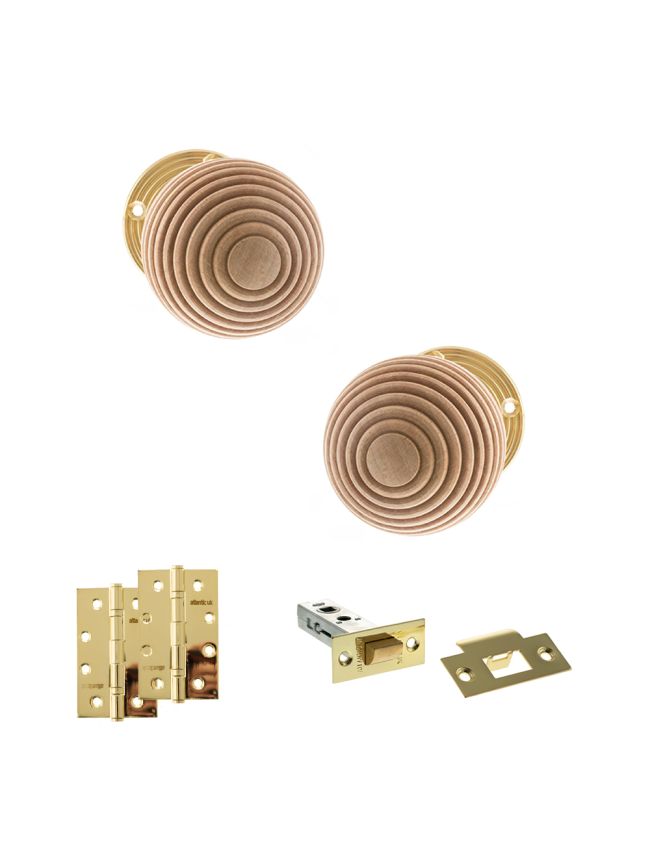 Old English Bridlington Door Knob Pack (Latch Set - 3" HD Latch, 4" Slim Knuckle Hinges x2) - Polished Brass