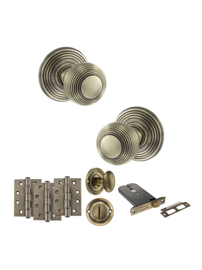 Old English Ripon Door Knob Pack (Lock Set - Horizontal Bathlock, 4" Fire Rated Hinges x3) - Antique Brass